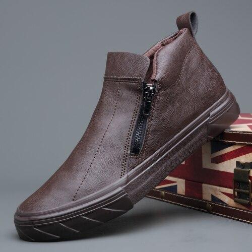 Brand New High Top Men Vulcanized Shoes Autumn Lazy Casual Leather Loafer Shoes Breathable Side Sewing Roud Toe Flats