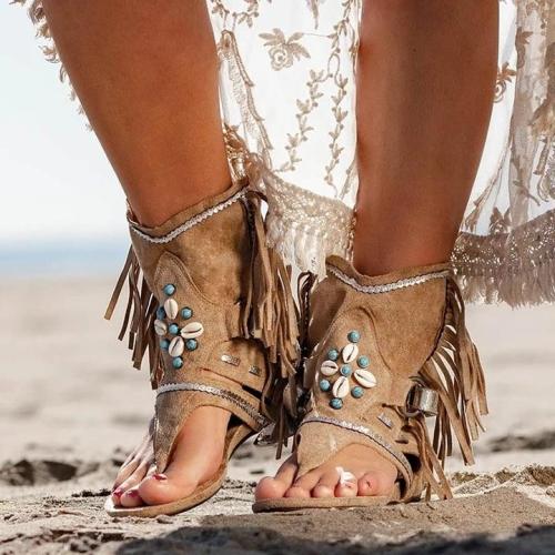 Retro Women Fringe Flower Wedges Solid Flock Beach Casual Sandals Summer Flip Flop Sandals