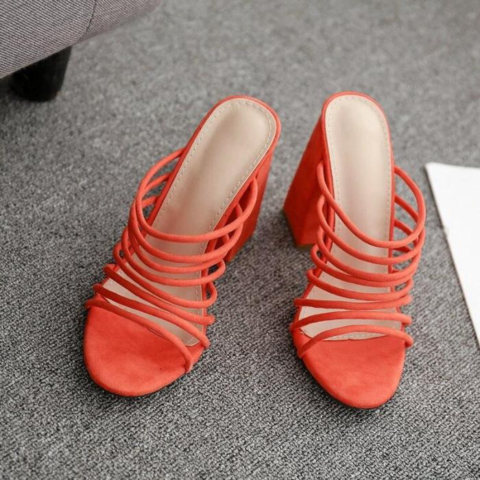 Square Heel Shoes Slippers Female Peep Toe High Heel Slippers Fashion Party Sandals Orange