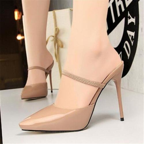 Elastic Band Concise Patent Leather Pointed Toe Fashion Platform High Heels Sexy Slippers