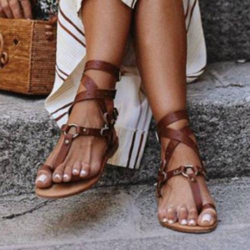 Women Gladiator Sandals Summer Platform Flat Cross Tie Metal Ring Ankle Strap Fashion