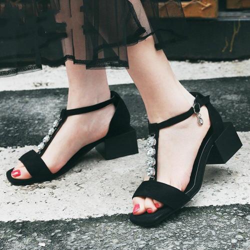 Concise t-strap Sandals Med Chunky Heels Sandals Women Fashion Crystal Decorating Shoes Woman
