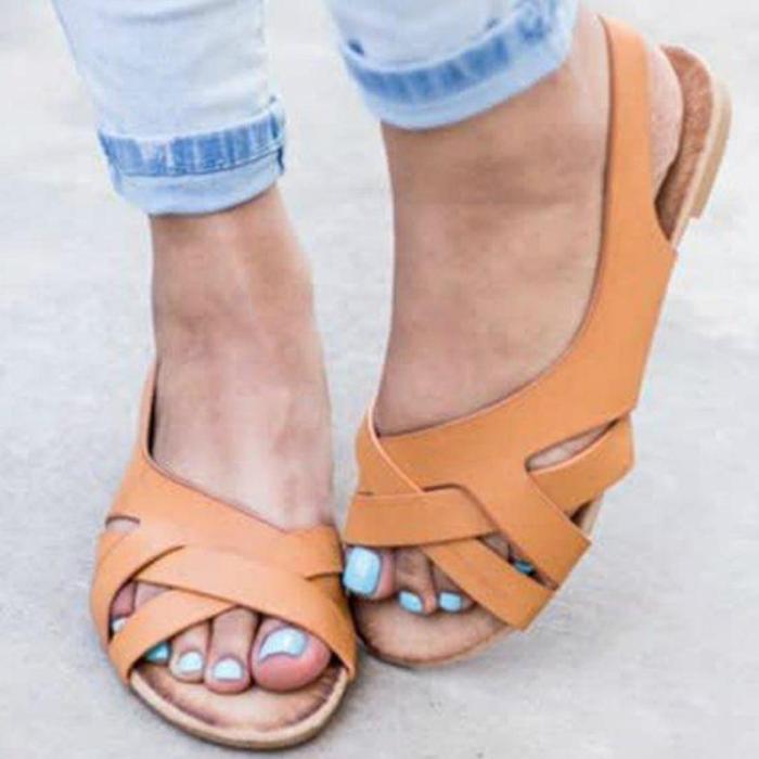 Women Summer Sandals Solid Casual Platform Flat Heels Peep Toe Back Strap Leisure