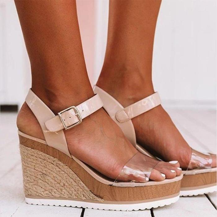 Women Casual Platform Buckle Strap Sandals Fashion Hemp Bottom Peep Toe Beach Sandals Ladies High Heels