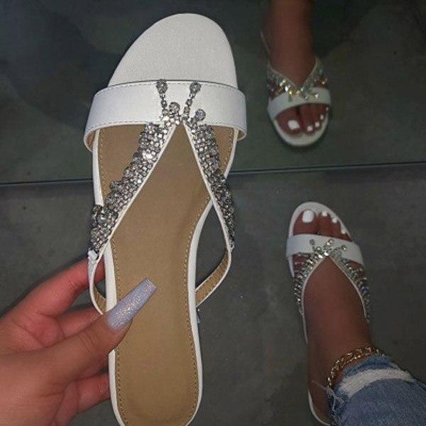 2020 Summer New Woman's Flat Shoes Summer Outdoor Slippers Rhinestones Beach Sandals Comfortable Sexy Plus Size 42