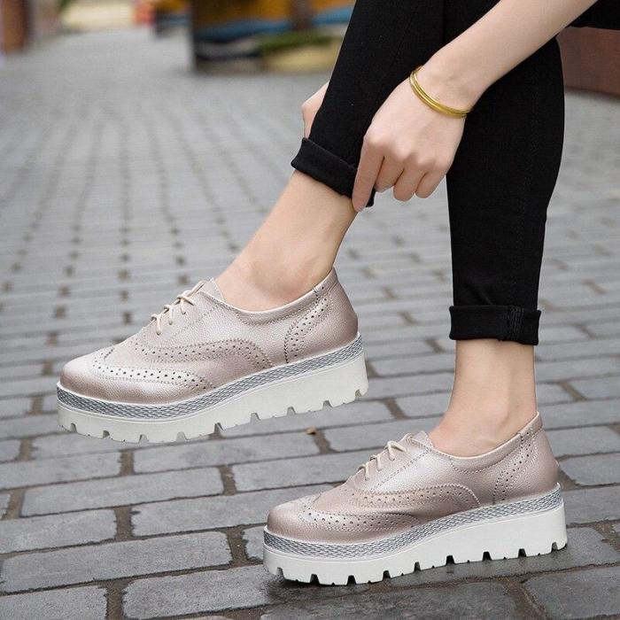 2020 Spring Women's Genuine Leather Brogue Shoes Ladies Flat Platform Loafers Shoes Fashion Casual Shoes For Women