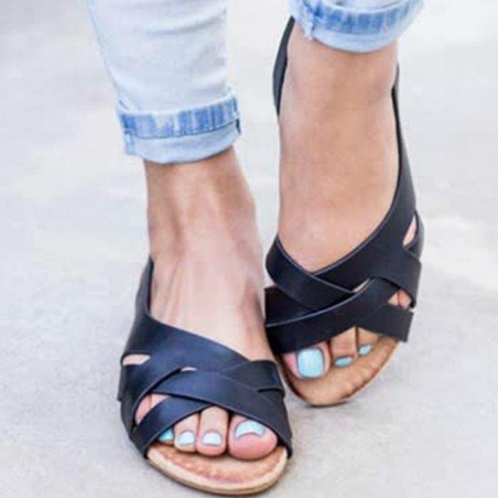 Women Summer Sandals Solid Casual Platform Flat Heels Peep Toe Back Strap Leisure
