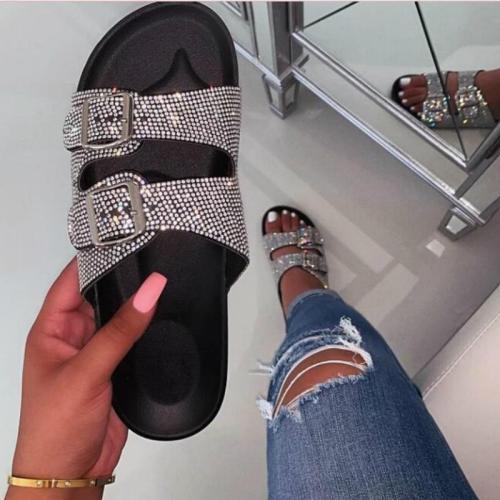 Women Summer Outdoor Slippers Flat Heel Platform Peep Toe Crystal Buckle Slides Fashion