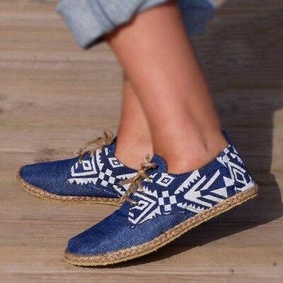 Blue Flat Shoes Women Lace-up Shoes Flat Platform Ladies Comfortable Shoes Casual Real Rushed Hemp