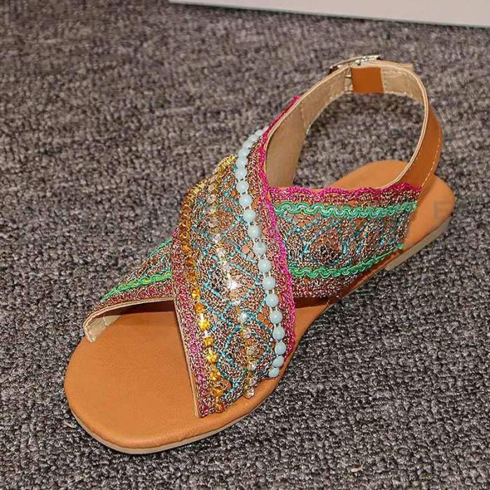 Summer Women Sandals Back Strap Buckle String Striped Flat Rubber Sole Retro Luxury Casual Shoes