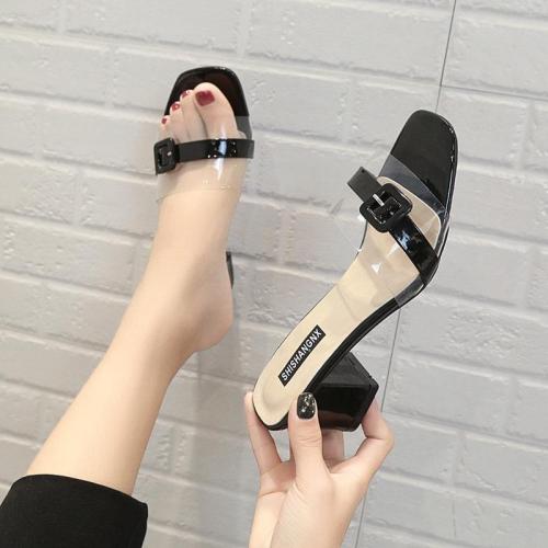 New Versatile Summer Women's Sandals Chunky Heel Transparent One Word Slippers