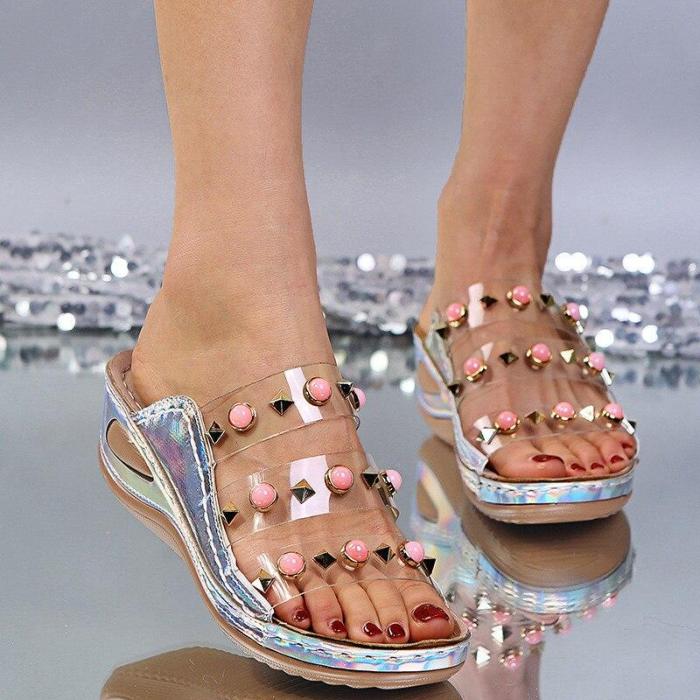 Slippers Ladies Glitter PU Wedges Shoes Female Casual Rivet Sandal