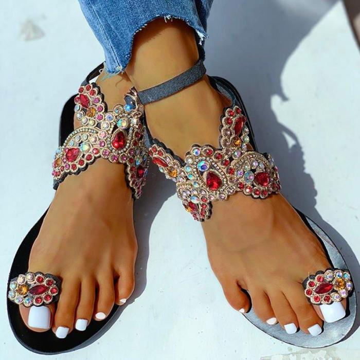 Women Summer Beach Sandals Flats Plus Size Shoes Woman Bling Shiny Crystal Butterfly Sandalias