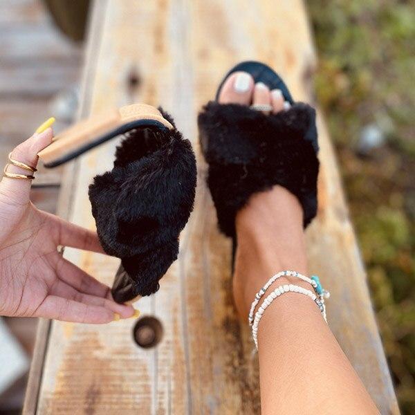 New Slippers Flat Sandals Open Toe Solid Color Plush Outdoor Women's Shoes Beach Comfortable