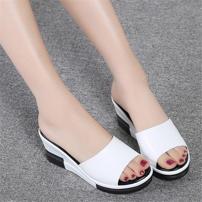 Outdoor Casual Flat Women's Slippers Leather High Heel Wedge Fashion Beach Shoes