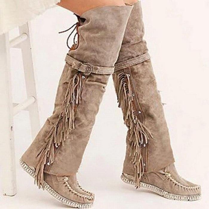 Fashion Bohemian Boho Knee High Boots Women Tassel Fringe Faux Suede Leather Hight Booties Girl Flat Long Boots