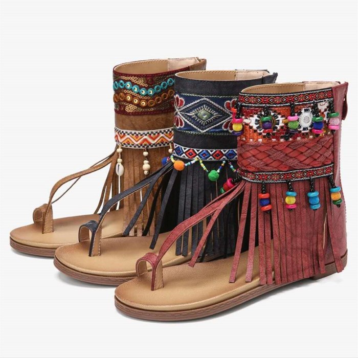 Women Bohemian Sandals Flat Tassels Casual Summer Beach Sandals Soft Ladies Shoes