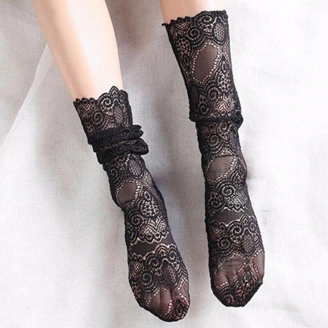 New Fashion Sexy Retro Glitter Print Ankle Lady Socks Transparent Lace Mesh Casual Short Socks Thin Breathable