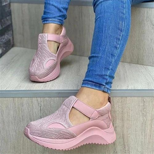 Women Summer Pumps Chunky Med Mid Heels Plus Size Breathable Mesh Sneakers Wedges Shoes Woman Female