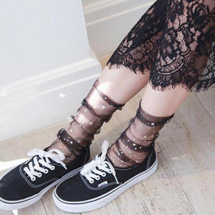 Star Moon Fashion Long Socks Women Transparent Tulle Socks Girls Black White Lace Funny Socks Dress Sock Streetwear
