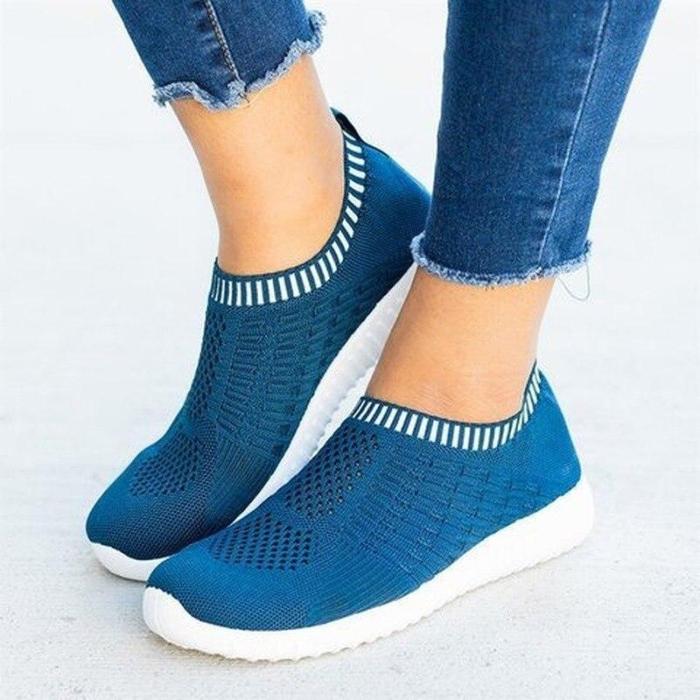 2020 Spring Women Sneakers Flat Heel Knit Fabric Round Toe Breathable Flats Plus size Female Casual Daily Loafers