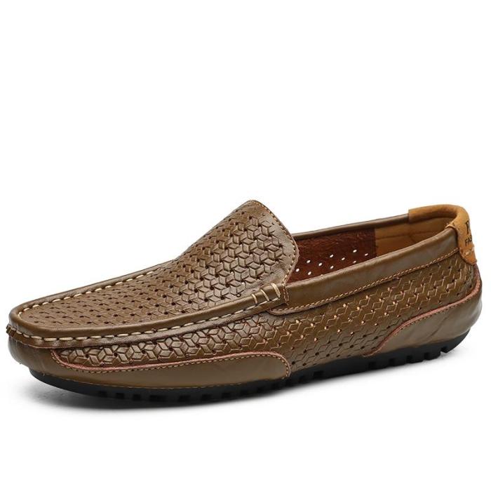 Men Casual Shoes Summer Genuine Leather Mens Loafers Hollow Out Slip on Driving Shoes