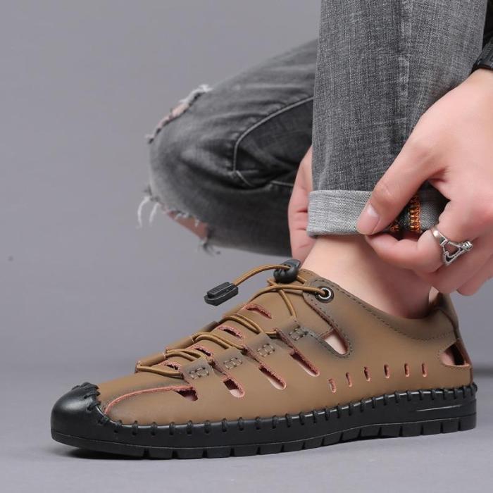 New Men's Casual Simple Hole Split Leather Sewing Sandals