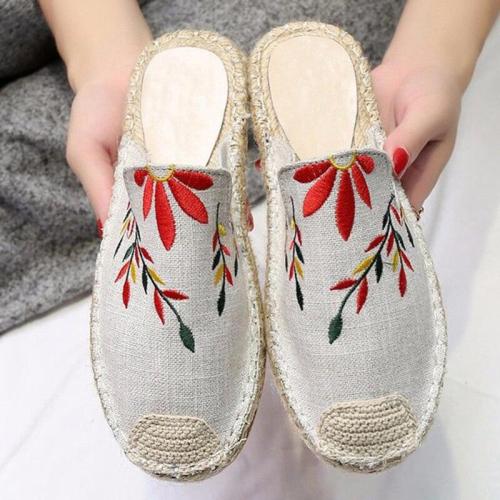 Women Indoor Embroider Slippers Platform Round Toe Floral Slides Casual Mules Ladies