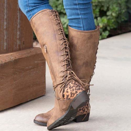 Knee High Boots Retro Rome Style Women Fashion Square Heel Woman Leather Shoes Winter PU Large Size