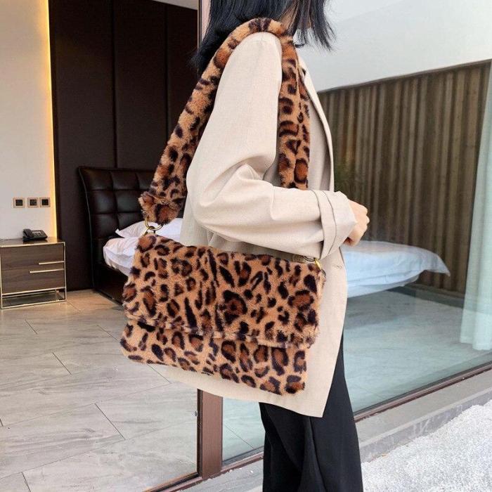 Winter Soft Faux Fur Crossbody Bags for Women Single Shoulder Bag Simple Female Leopard Plush Woman Bags