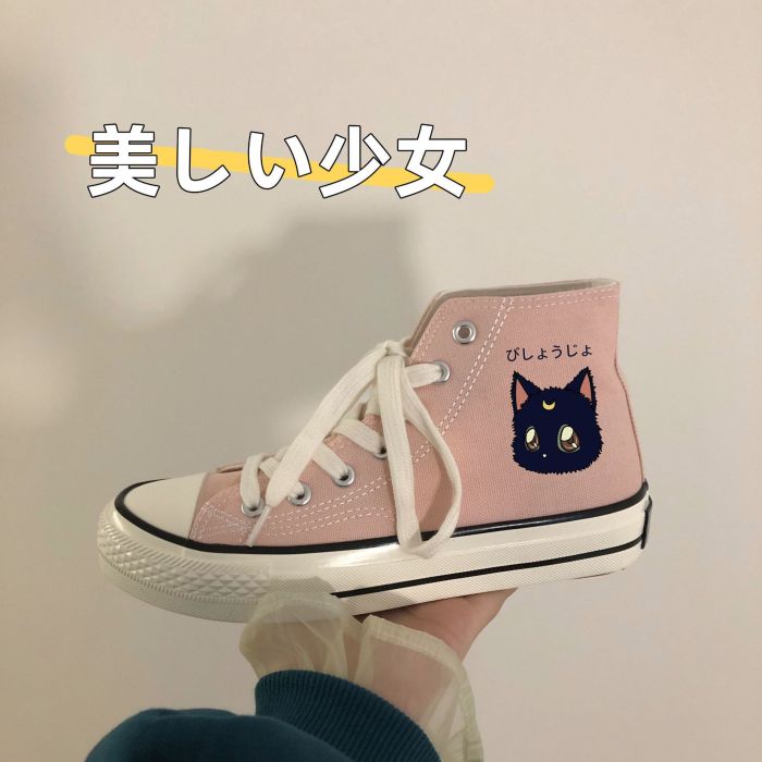 Cartoon Cat High-top Canvas Shoes Female Joker Student Korean Leisure