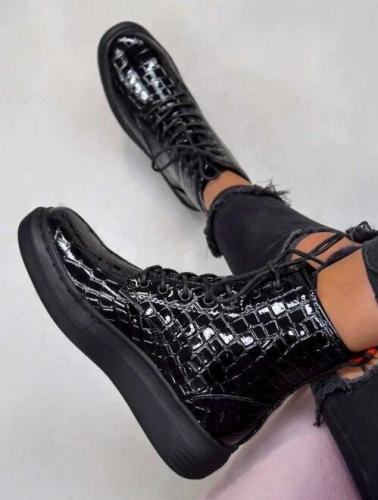 Chunky Heel Ankle Boots Black Lace-up Women Boots Black Leather