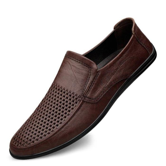 Men Boat Shoes Genuine Leather Summer Man's Shoe Slip on Leather Footwear Loafers ventilation holes Breathable Soft Flats
