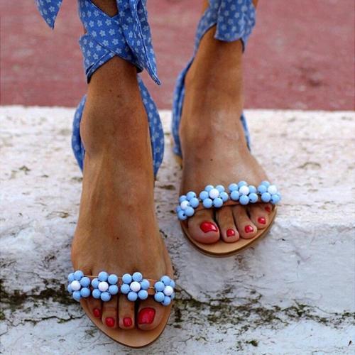 Ankle Strap Women Sandals Flat Sandals Open Tea Hand-Beaded Summer Beach Sandals Plus Size