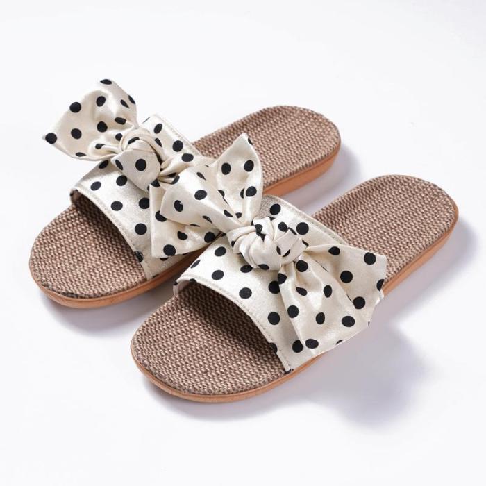 Flax Slippers Bow Polka Dot Indoor Slippers Summer Slippers Female Sandals Women