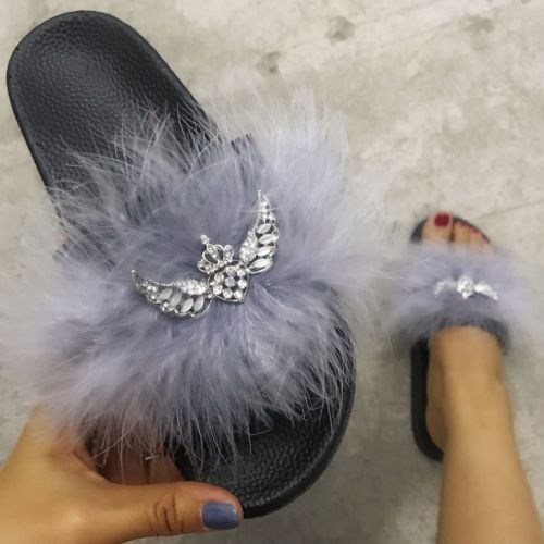 Fashion Hairy Women's Slippers Bright Diamond Summer Fur Slides for Ladies Slip on Comfort Shoes