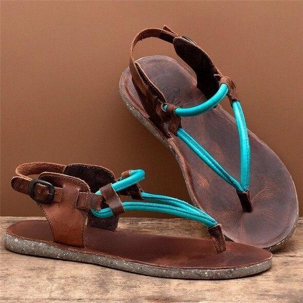 Women Summer Clip-Toe Leather Sandals Retro Sandals Flat Comfort Breath Comfortable Shoes Slip-on Beach