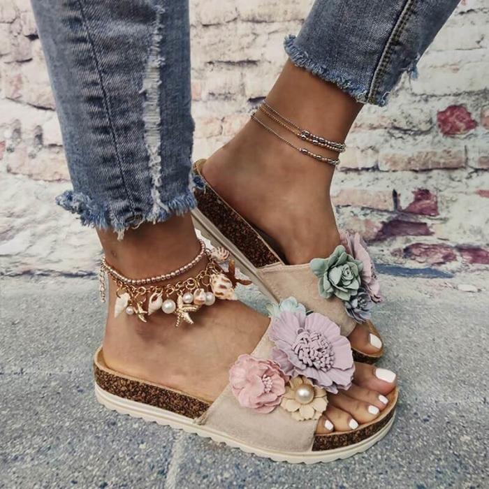 Women Summer Beach Flats Shoes Outdoor Open Toe Vintage Flower Slippers