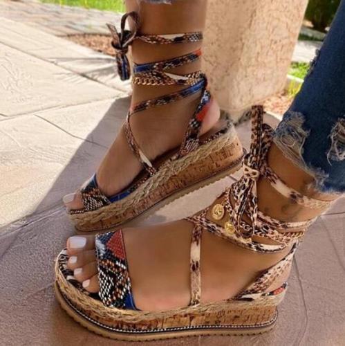 Women Sandals Mid Heel Summer Bandage  Women's Shoes Open Toe Boho Color Snake Pattern