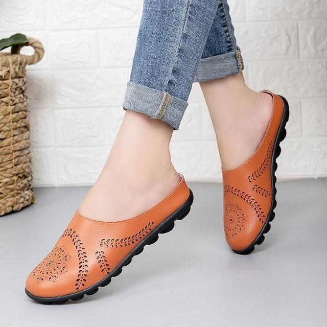 Cow Muscle Ballet Flower Print Women Genuine Leather Flats Loafer Shoes