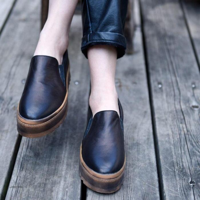 Vintage Flat Platform Loafers Shoes Fashion Handmade Genuine Leather Black Women Flats Four Seasons Shoes