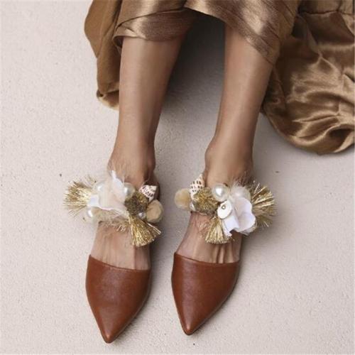 Shell Sandals Handmade Fringed Pointed Rhinestone Slippers