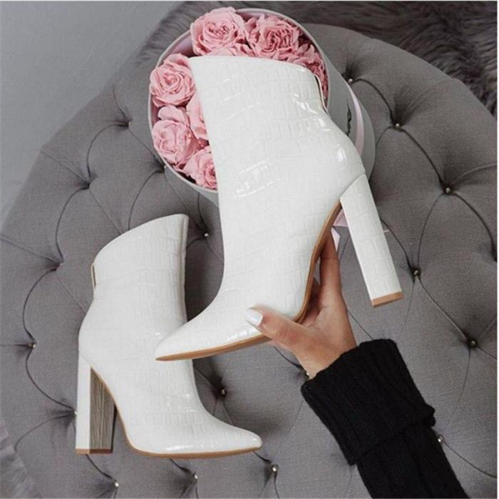 Women High Heels Fetish Boots Leather Block White Heels Ankle Boots Chunky Shoes