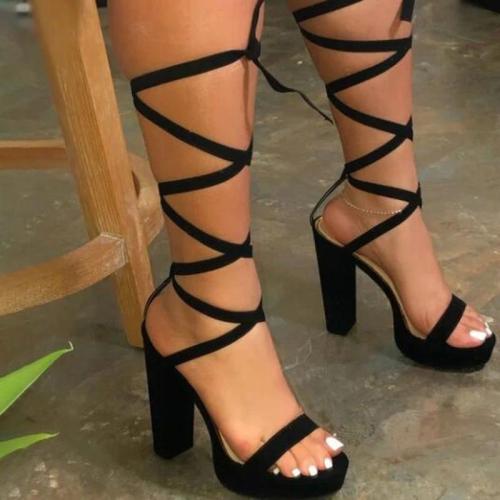 Lace-Up Chunky Heel Open Toe Ankle Strap Plain Casual Sandals