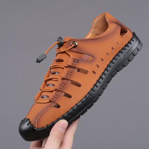 Summer New Men's Casual Sandals Wild Simple Hole Split Leather Sewing Shoes Handmade Elastic Band Man Beach Shoe