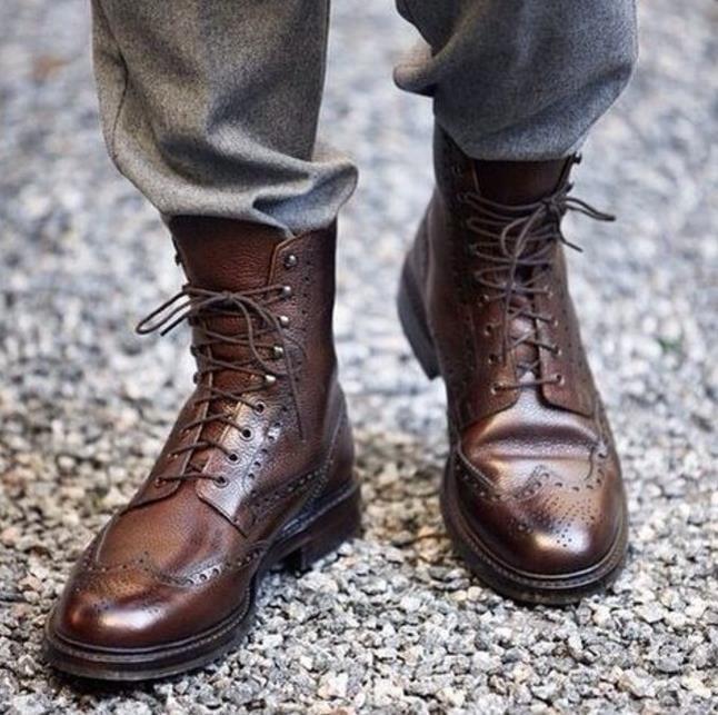 Fashion Men Shoes Top Quality Vintage PU Leather Plaid  Boots Lace Up Mens Boots Casual
