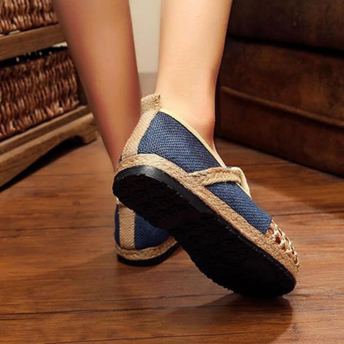 Women National Linen Hit Color Slip On Flat Heel Espadrille Loafers