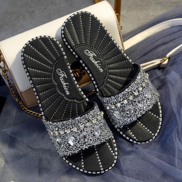 Women Slippers Bling Shiny Flat Heel Peep Toe Fashion Female Ladies Shoes