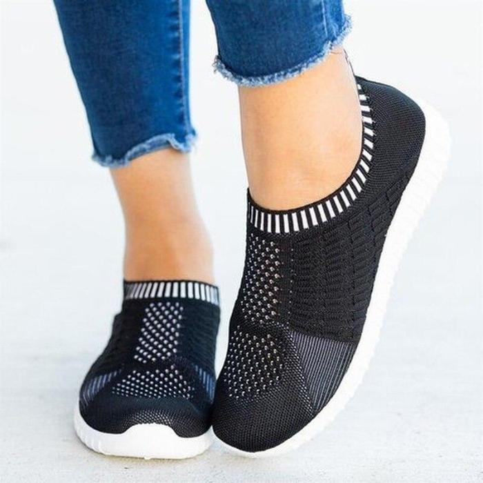 2020 Spring Women Sneakers Flat Heel Knit Fabric Round Toe Breathable Flats Plus size Female Casual Daily Loafers