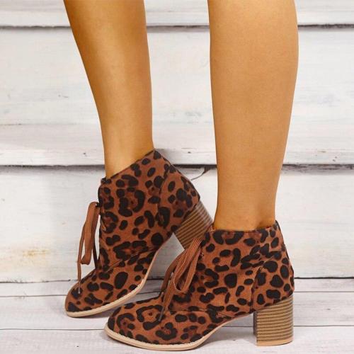 New Women Leopard Ankle Boots Female Shoes Autumn Ladies Soft Comfort Print Chunky Heels Lace Up Boots